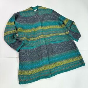 J Jill Sweater Jacket Long Womens 2X Duster Wool Blend Cozy Boho Crochet Green